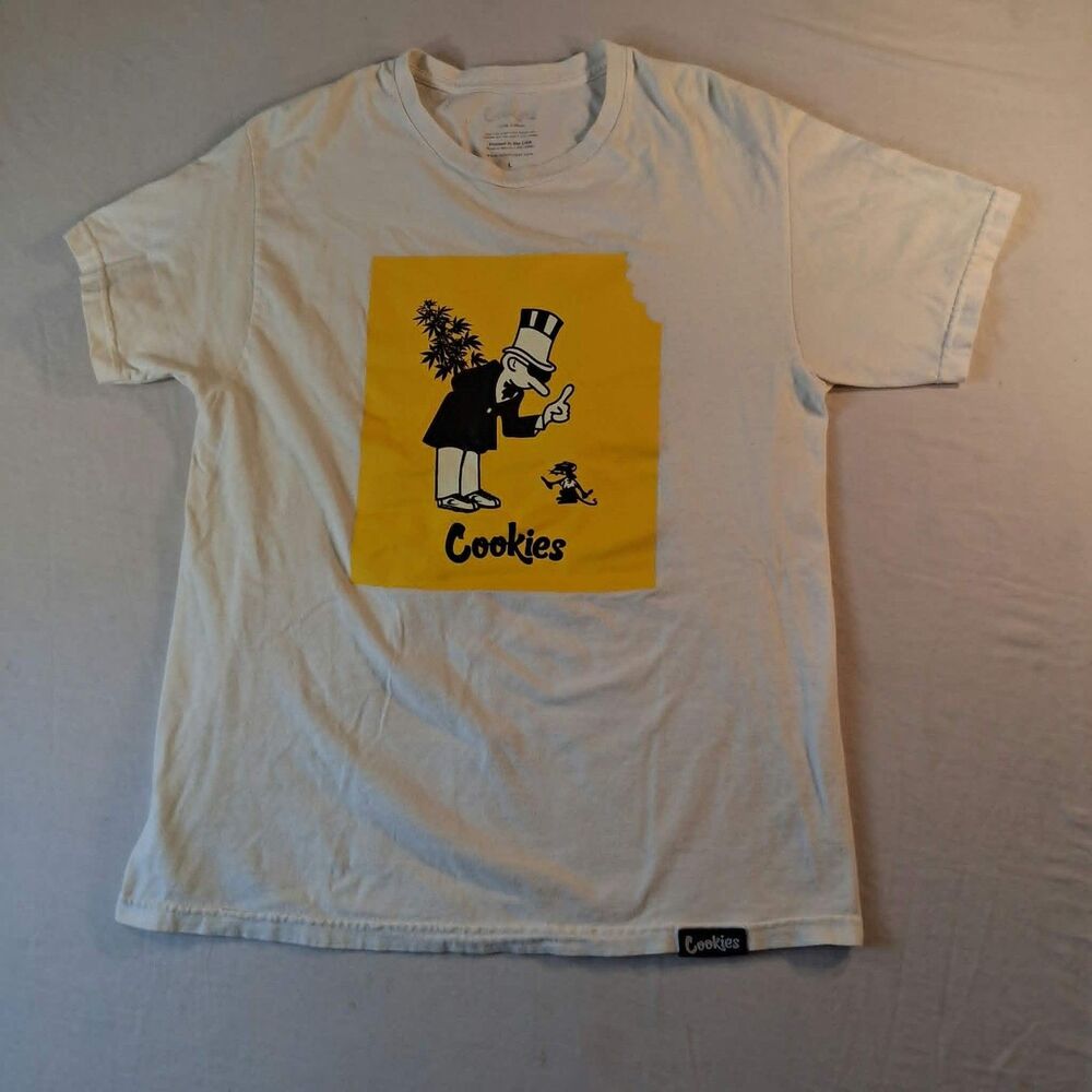 Cookies SF T Shirt Mens Large White Monopoly Man Yellow Bite Graphic Tee NWOT